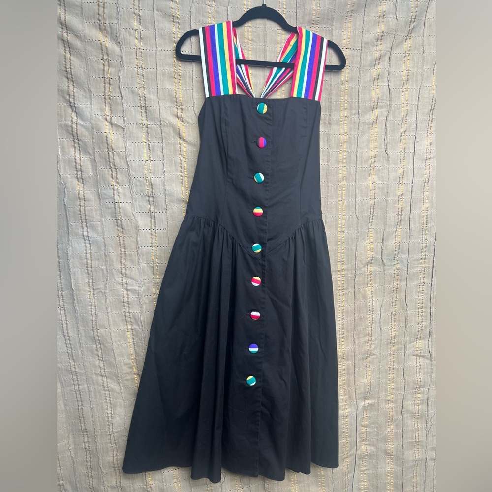 Vintage Black Dress with Rainbow Striped Straps - size 8
